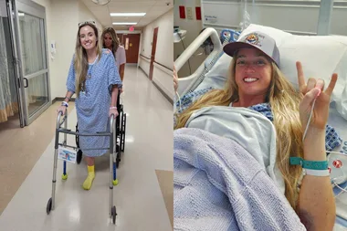 Left image - woman recovering in hospital Right image - Woman wearing hat in hospital and showing rock on hand sign