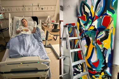 Left image - woman recovering in hospital after impaling injury