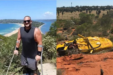 Left image - paraplegic man walking with crutches Right image - helicopter crash in uluru