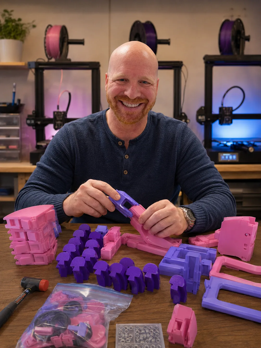 Man wearing long sleeve knitted shirt smiling at camera while assembling pink and purple 3D printed products. 