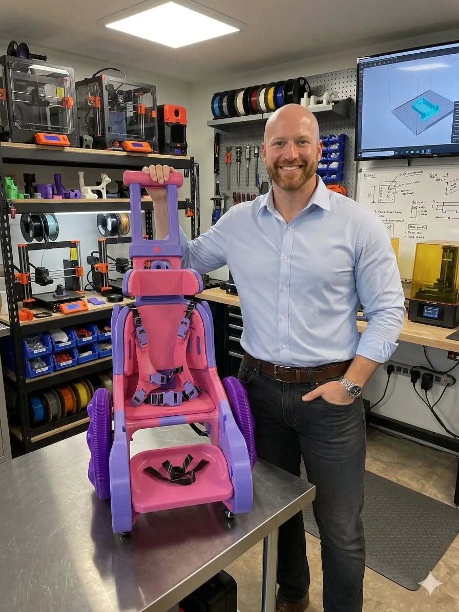 Man standing in a workshop holding pink and purple wheelchair on top of a table.