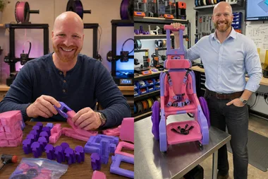 Left: Man wearing long sleeve knitted shirt smiling at camera while assembling pink and purple 3D printed products. Right: Man standing in a workshop holding pink and purple wheelchair on top of a table.