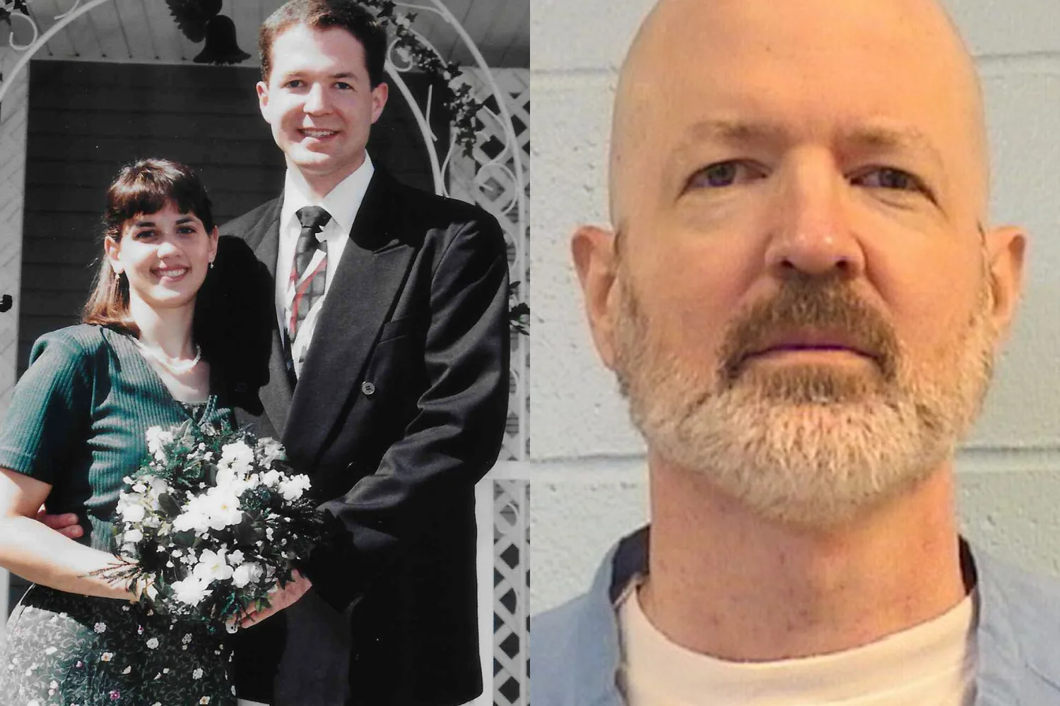 Left: Woman wearing green dress holding flowers, standing next to man in a suit. Both smiling at camera. Right: Mugshot of man in prison uniform.