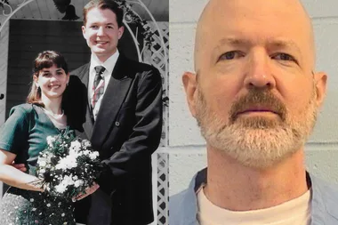 Left: Woman wearing green dress holding flowers, standing next to man in a suit. Both smiling at camera. Right: Mugshot of man in prison uniform.