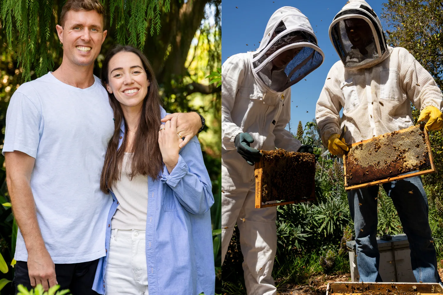 Left: Man wearing blue shirt and smiling wrapping arm around woman with long brown hair, wearing blue shirt as well. Right: Man and woman wearing protective gear and inspecting frames of brood.