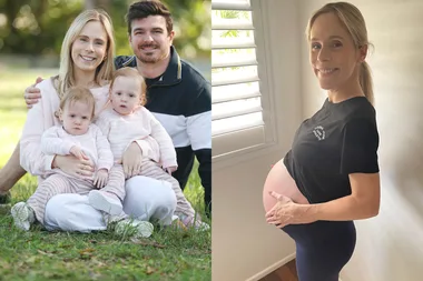 left: Woman sitting next to man with two baby girls on her lap. Right: pregnant woman smiling at camera