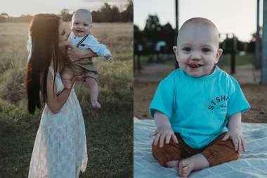 Left: Woman in white dress holding up baby and standing in grass. Both smiling at camera. Right: Baby wearing blue shirt and brown pants sitting on picnic blanket and smiling at camera.
