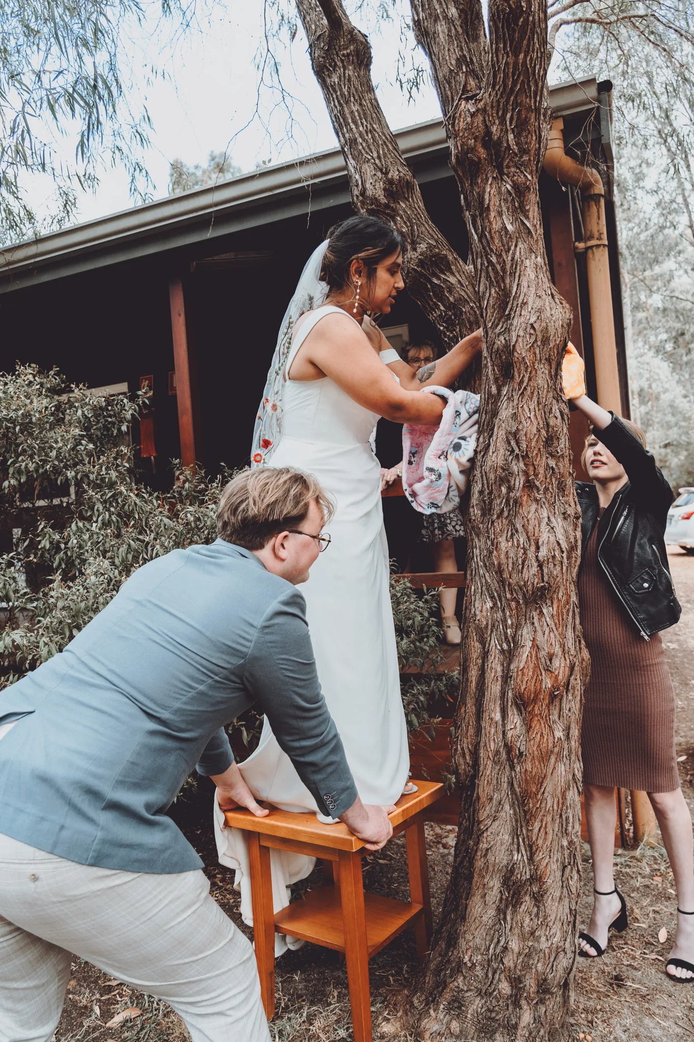 PJ rescuing the possum from a tree