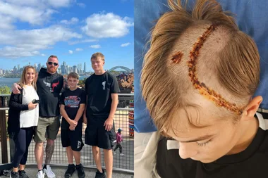 Left image - Family of four standing in front of Sydney Harbour Bridge Right image - Boy recovering from brain surgery