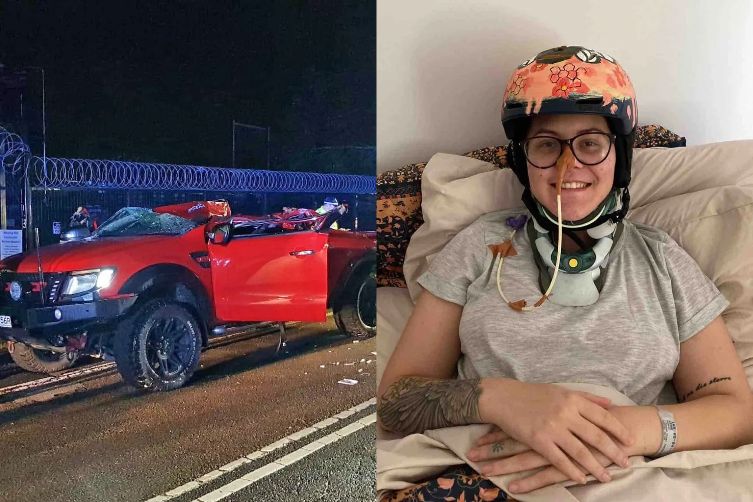 Left image - car crushed by a tree Right image - woman wearing helmet