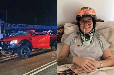 Left image - car crushed by a tree Right image - woman wearing helmet