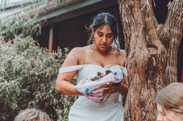 Aussie bride saves tiny gate-crasher’s life during the reception. ‘I knew I had to save her.’
