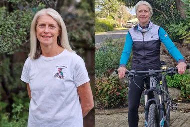 left: Woman with straight blonde hair. wearing white shirt and smiling at camera. right: Woman wearing blue and white jacket and black leggings, standing with black bike and smiling at camera.
