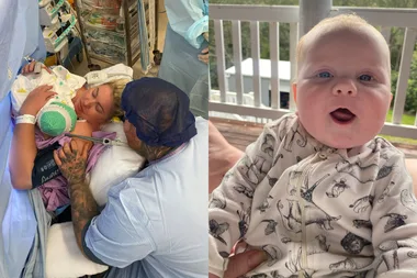 Left: Woman in hospital bed with newborn baby on the chest. Right: baby wearing jumpsuit, smiling at camera.