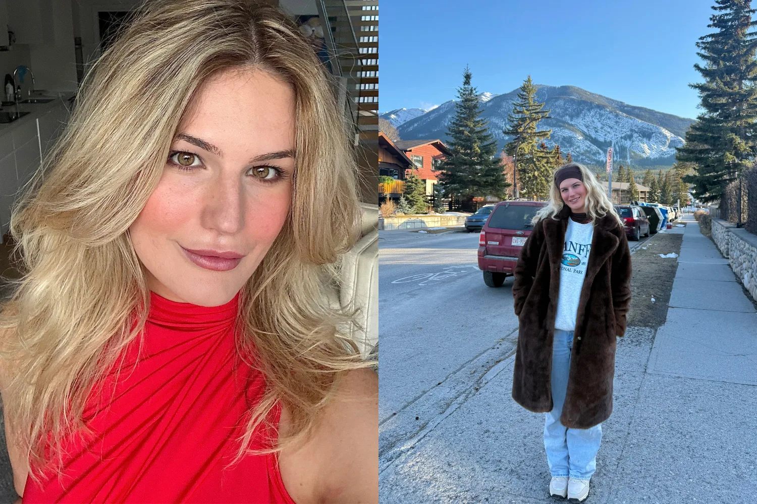Left: Woman with blonde hair wearing red dress and smiling at camera. Right: Woman wearing large coat and standing infront of mountain.