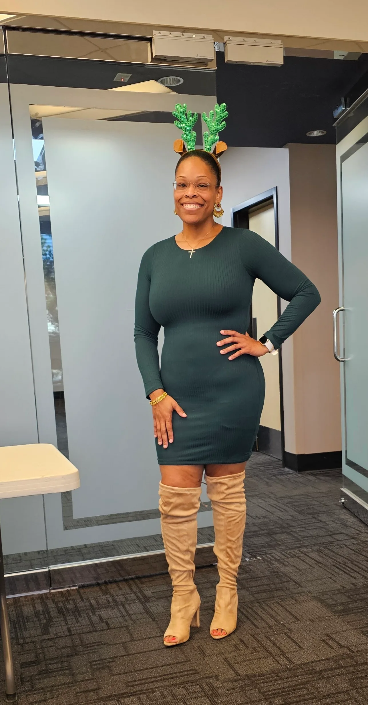 woman in office in christmas gear