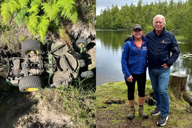 Left image - upturned mower Right image - husband and wife before accident