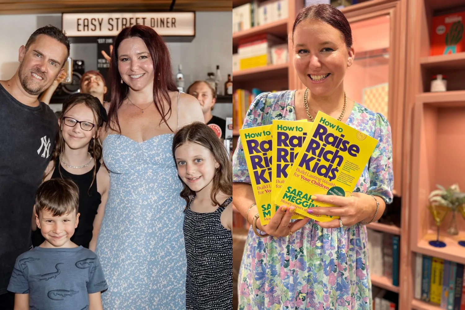 Left image - family of five Right image - author with her book