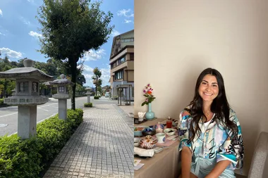 Left image - Streets of Ishikawa Right image - Girl sitting at japanese breakfast table