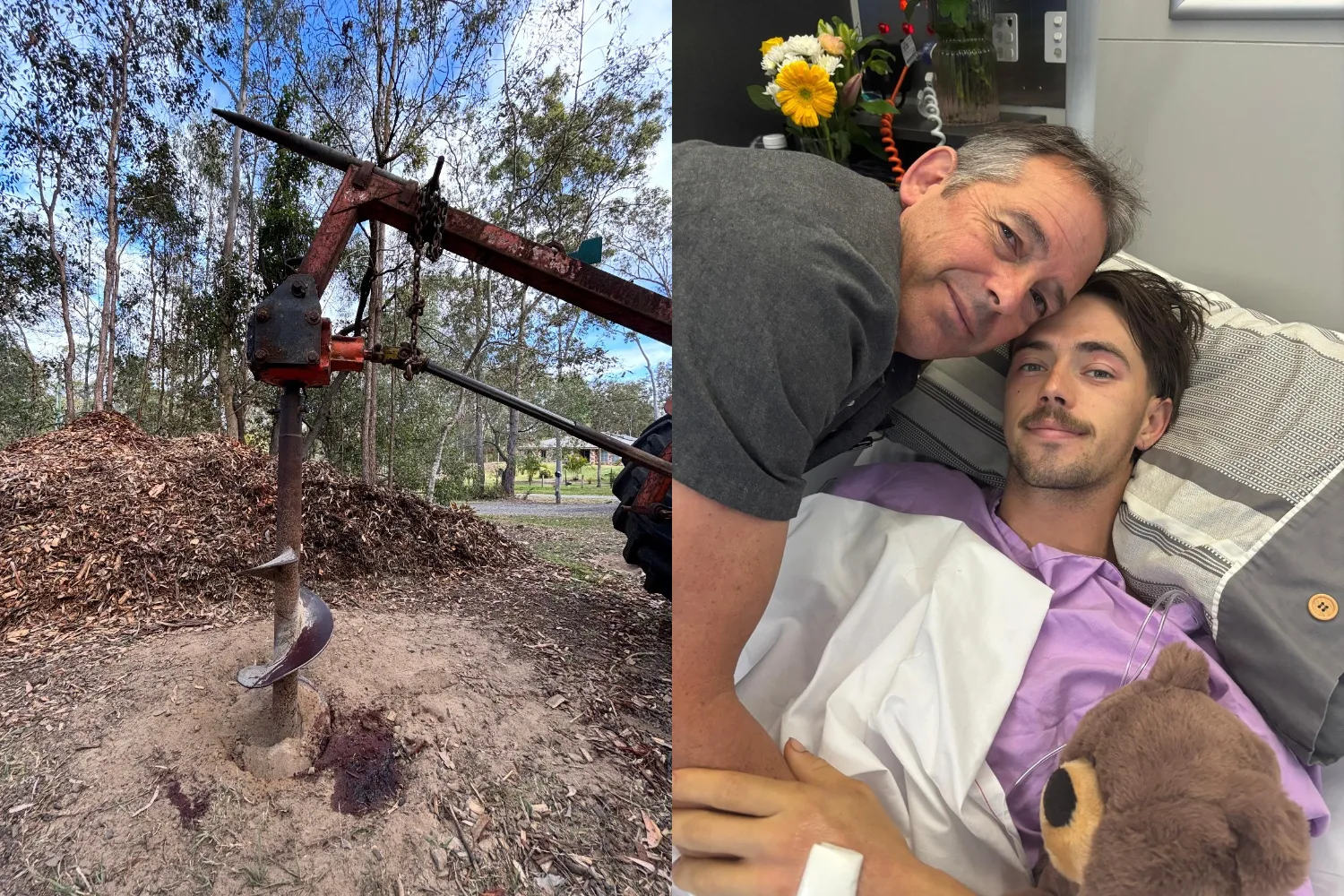 Left image - auger tractor drill Right image - dad and son in hospital