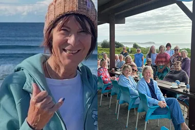 Left: Woman with short red hair smiling at camera. Right: Group of women sitting around table smiling at camera