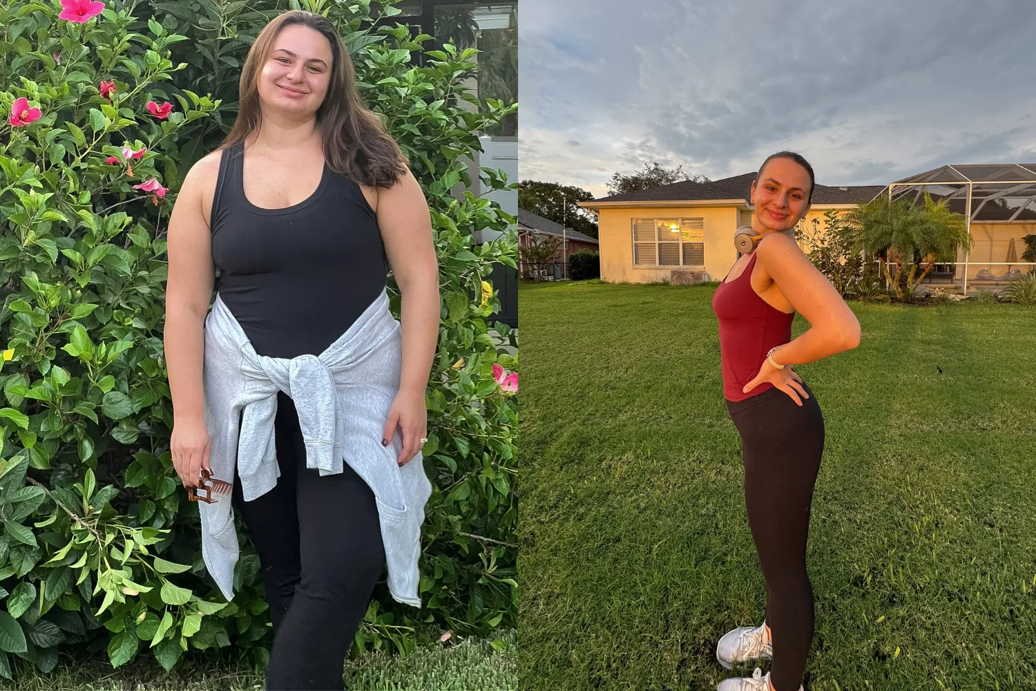 Left: You woman, overweight, smiling at camera. Right: Woman wearing red top and black leggings, standing on lawn and smiling at camera.
