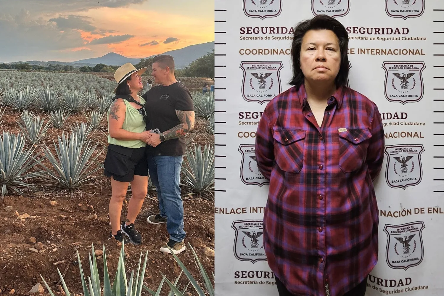 Left: Two women standing in a desert smiling at each other. Right: Mugshot of woman in police station.