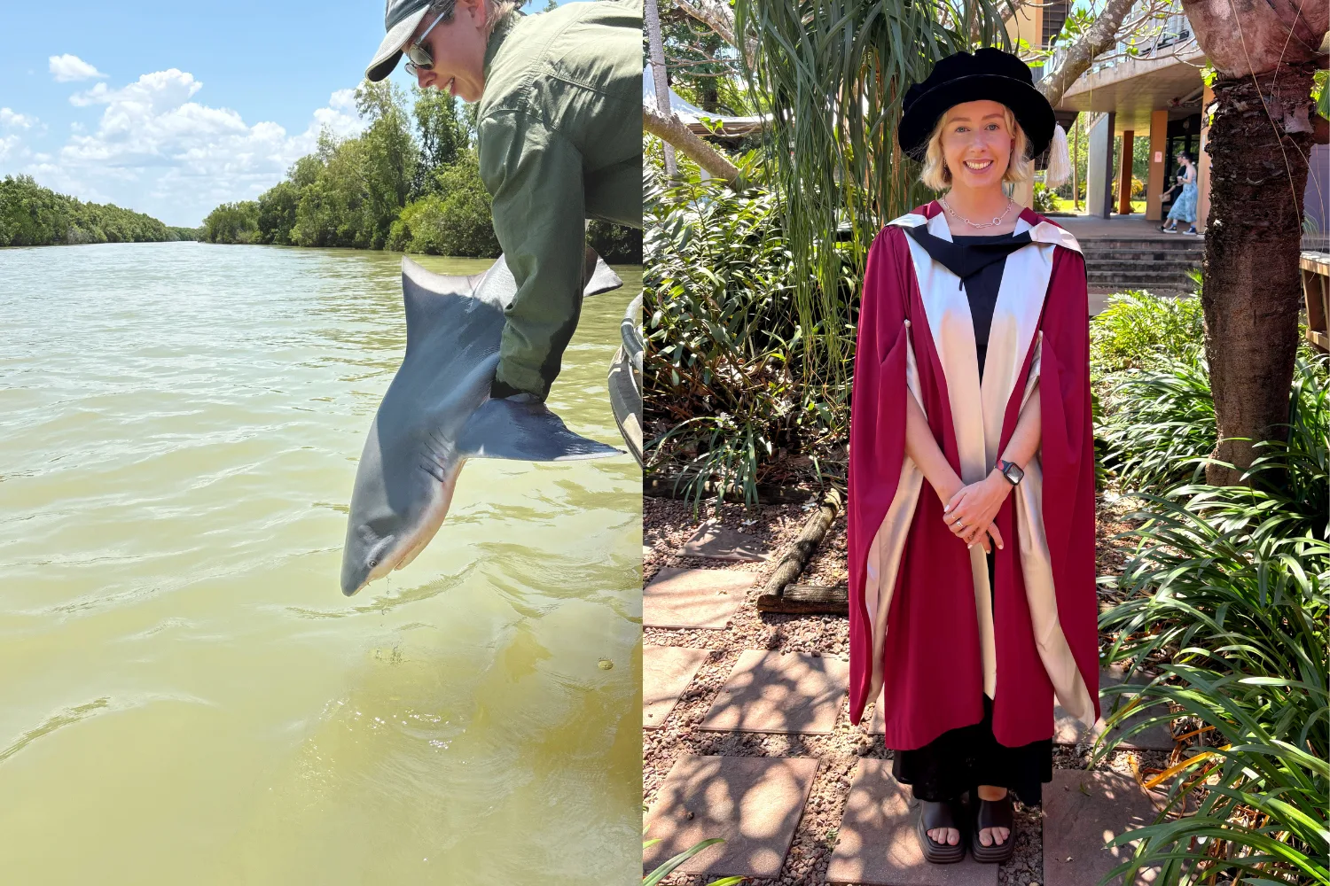 left: Woman carrying shark back into the water from boat. Right: Woman in graduation cape, smiling at camera.