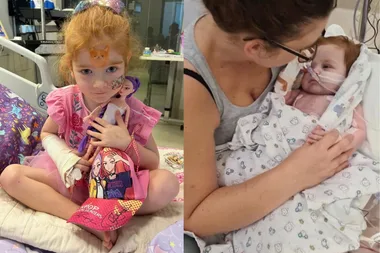 Left: Woman holding new born baby with feeding tube in hospital. Right: Young girl with strawberry blonde hair holding doll and staring at camera.
