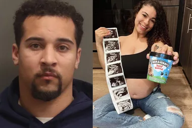 Left: Mugshot of man wearing blue hoodie. Right: Woman, pregnant, holding up tub of icecream and ultrasound photo of baby.