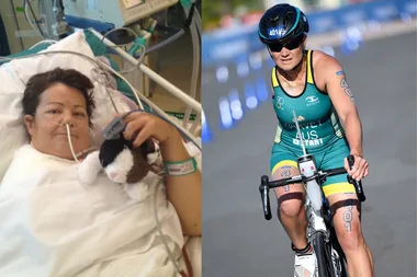 Left: Woman in hospital hooked onto machines. Right: Woman on a bike on a racing track