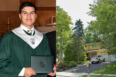 Left: Man wearing green graduation cape smiling at camera. Right: Driveway barricaded by police tape