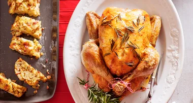 Citrus roast chicken with bacon stuffing