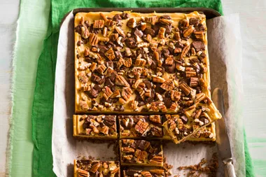 Caramel and chocolate pecan slice
