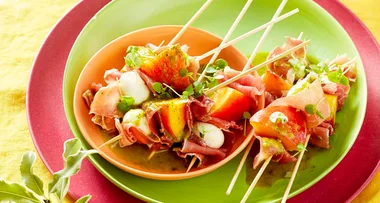 Prosciutto, peach and bocconcini skewers