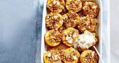 Honey baked peaches with almond crunch