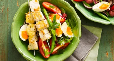 Fish skewers with nicoise-style salad