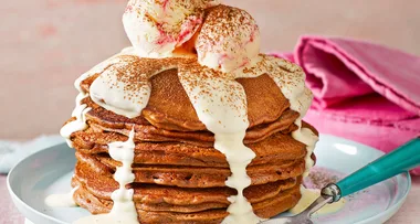 Choc cake batter pancakes with white chocolate sauce