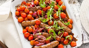 Honey balsamic sausages with tomatoes & onion