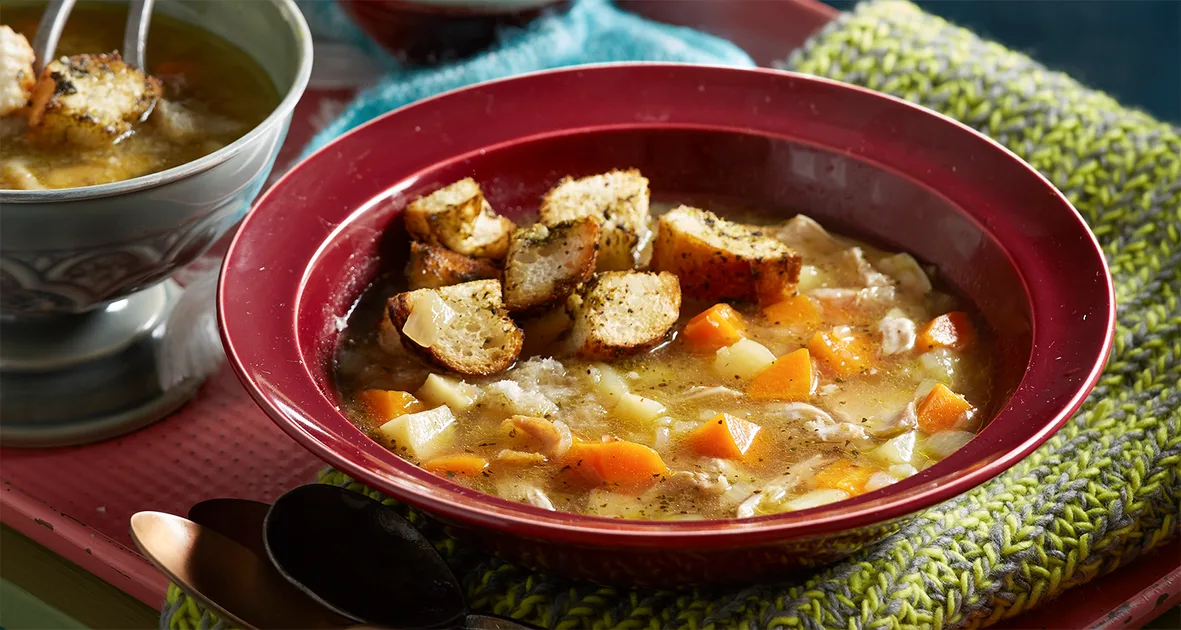 Chicken and vegetable soup with pesto croutons Recipe | that's life!