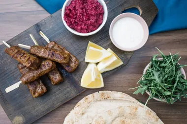 Healthy and tasty beef skewers with tzatziki