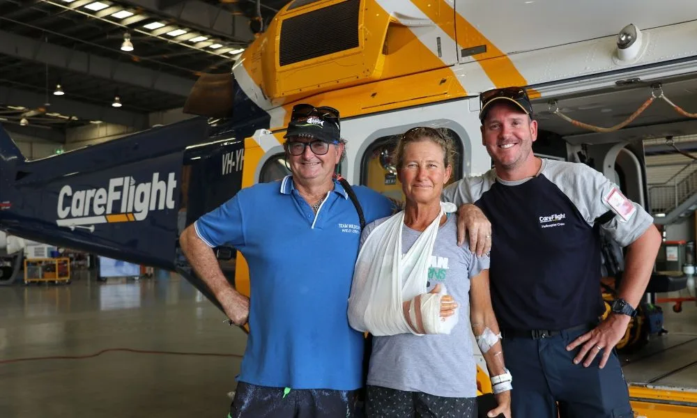 Bruce (left) and Juanita met with CareFlight nurse Paul to say thank you. Credit: CareFlight