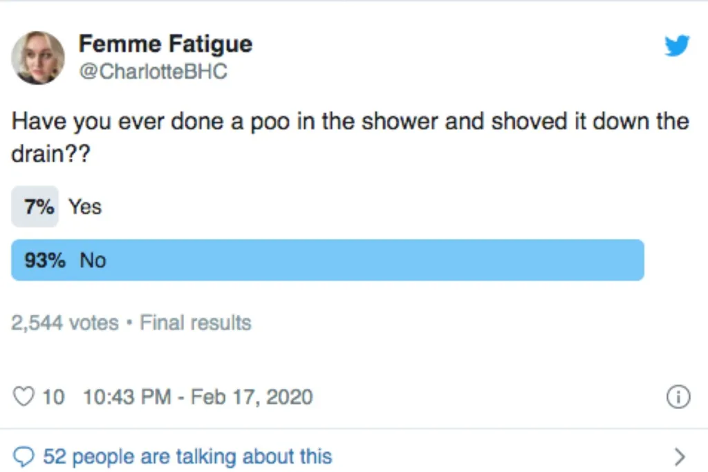 Twitter user asks followers who has pooed in the shower