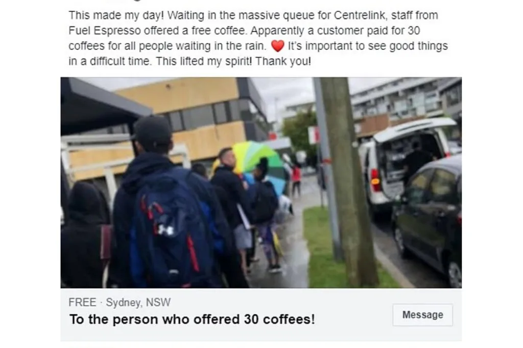 Kind stranger buys 30 coffees for people in Centrelink queue