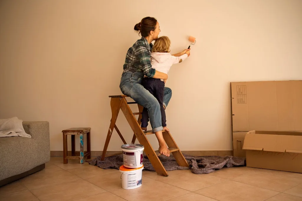 Mum and daughter painting wall