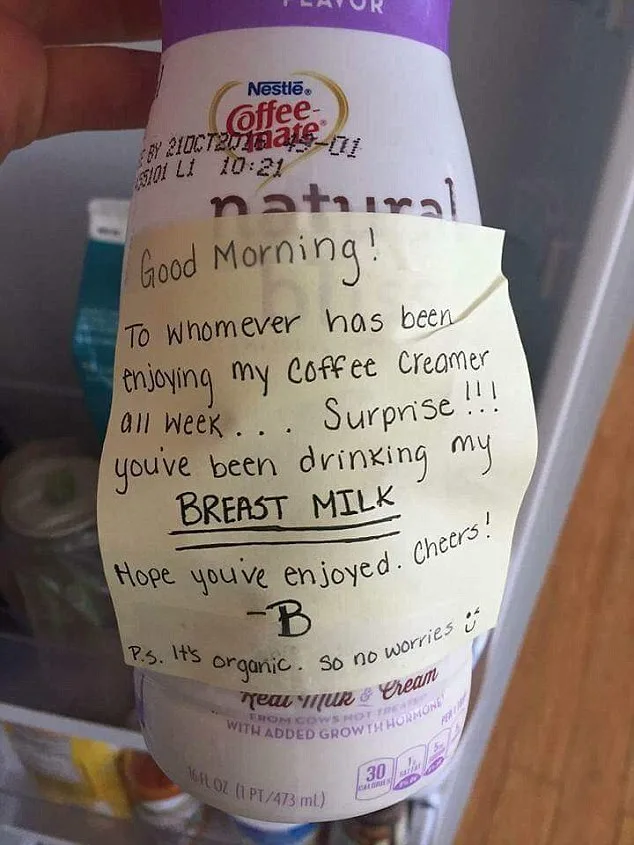 Woman leaves note on milk telling thief it is actually breastmilk.