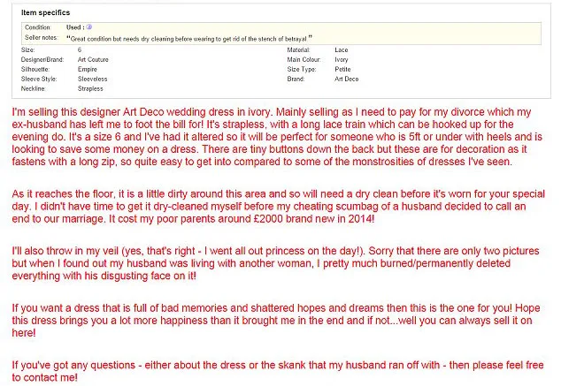 Samantha Wragg's description of her wedding dress on eBay