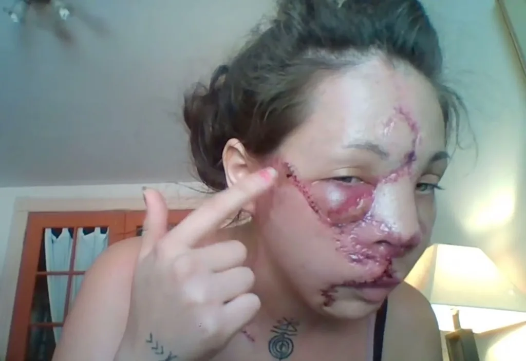 Jennifer shows where the scar tissue was removed.