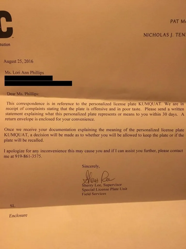 Letter reprimanding Lori Ann about her plates