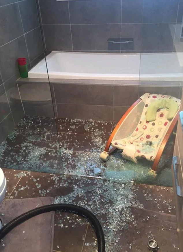 The bathroom was covered in shattered glass